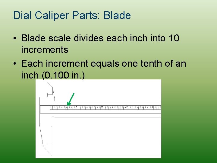 Dial Caliper Parts: Blade • Blade scale divides each into 10 increments • Each