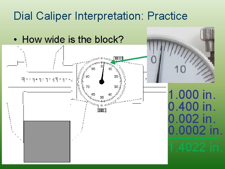 Dial Caliper Interpretation: Practice • How wide is the block? 1. 000 in. 0.