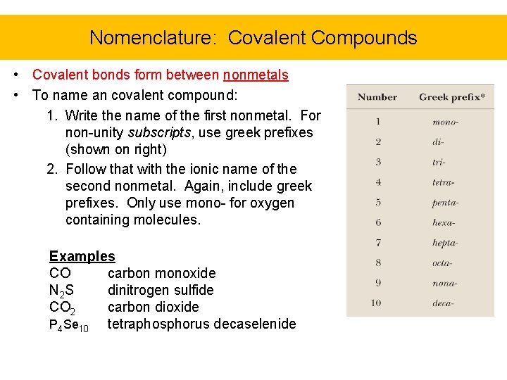 Nomenclature: Covalent Compounds • Covalent bonds form between nonmetals • To name an covalent
