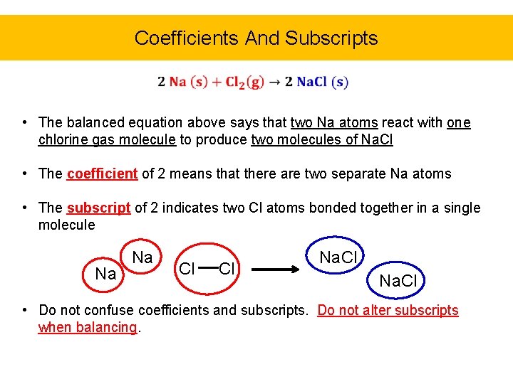Coefficients And Subscripts • The balanced equation above says that two Na atoms react