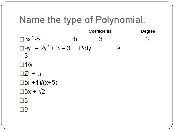 Name the type of Polynomial. � 3 x 2 -5 � 9 y 3