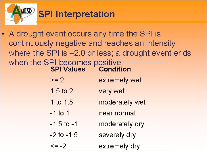 SPI Interpretation • A drought event occurs any time the SPI is continuously negative