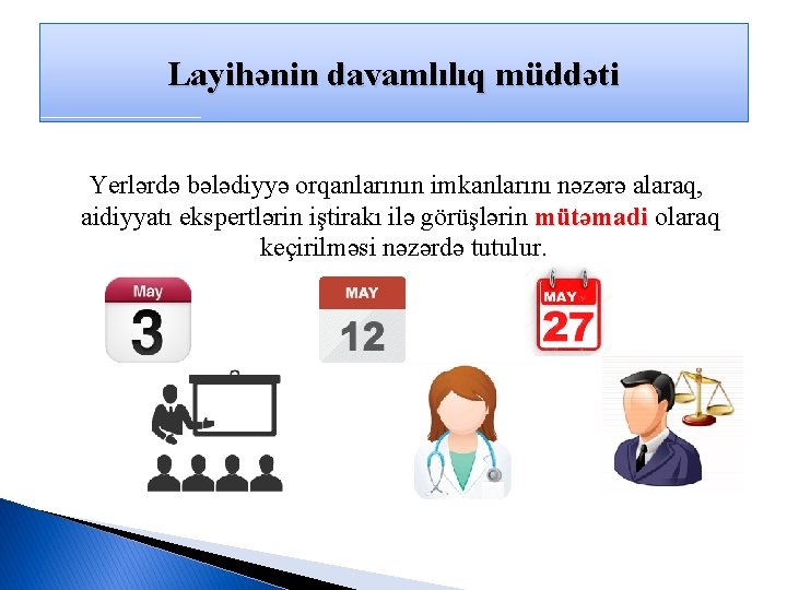 Layihənin davamlılıq müddəti Yerlərdə bələdiyyə orqanlarının imkanlarını nəzərə alaraq, aidiyyatı ekspertlərin iştirakı ilə görüşlərin