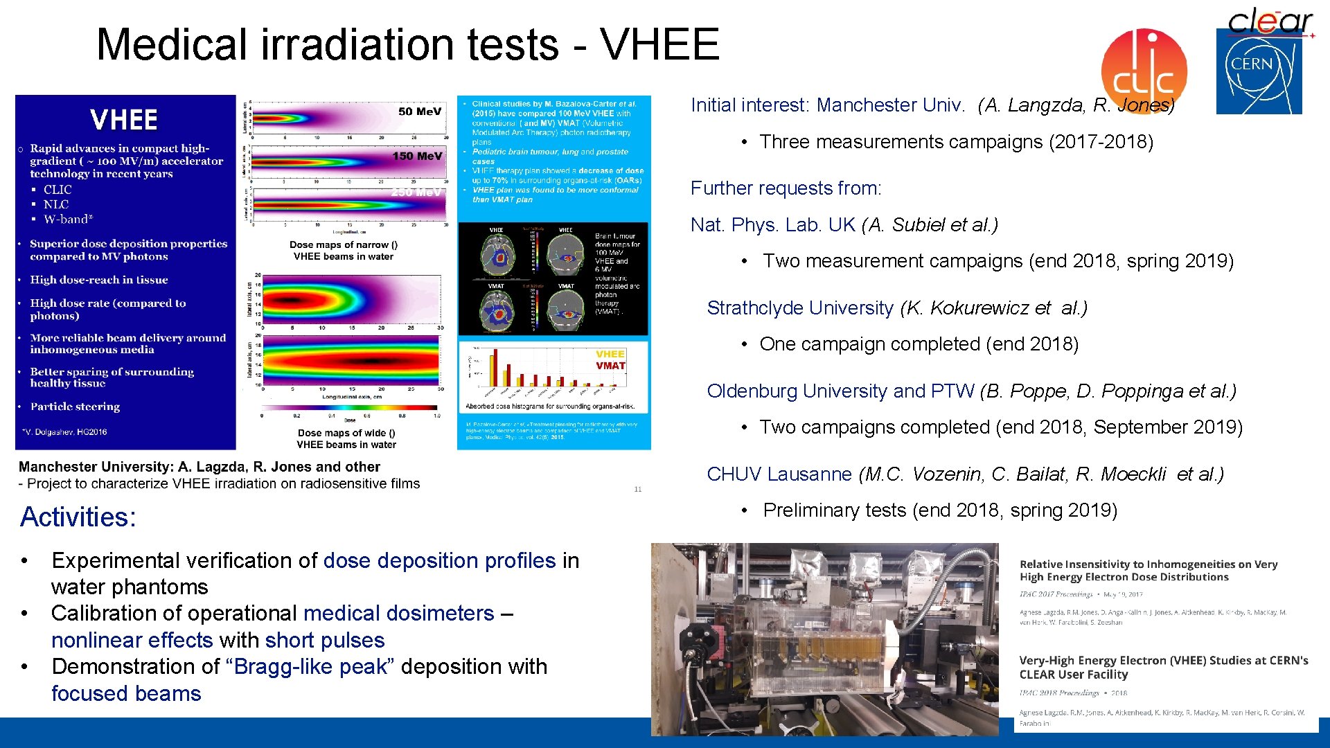 Medical irradiation tests - VHEE Initial interest: Manchester Univ. (A. Langzda, R. Jones) •