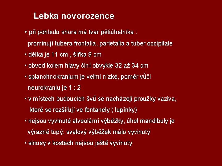 Lebka novorozence • při pohledu shora má tvar pětiúhelníka : prominují tubera frontalia, parietalia