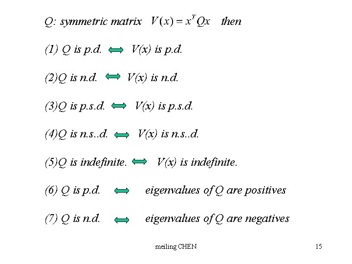 Q: symmetric matrix (1) Q is p. d. (2)Q is n. d. then V(x)