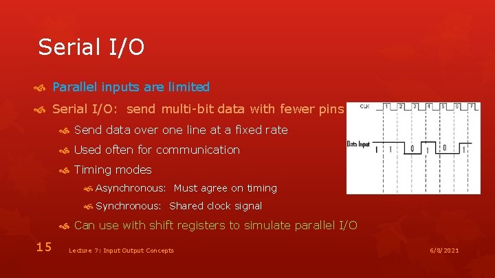 Serial I/O Parallel inputs are limited Serial I/O: send multi-bit data with fewer pins
