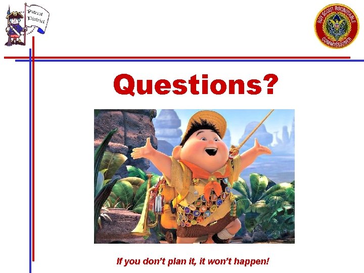 Questions? If you don’t plan it, it won’t happen! 