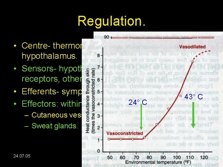 Regulation. • Centre- thermoregulatory centre in hypothalamus. • Sensors- hypothalamic cells, skin thermo receptors,