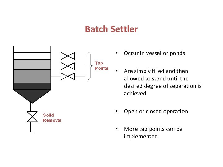 Batch Settler • Occur in vessel or ponds Tap Points Solid Removal • Are