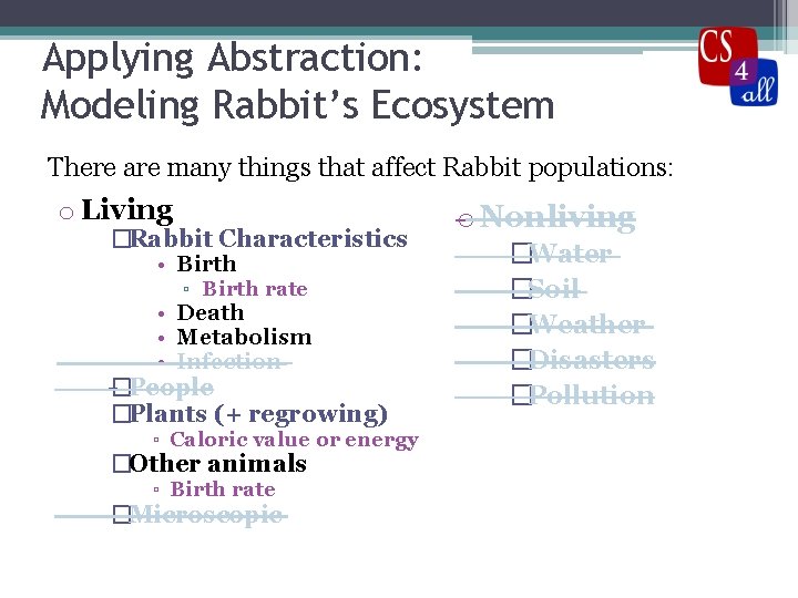 Applying Abstraction: Modeling Rabbit’s Ecosystem There are many things that affect Rabbit populations: o