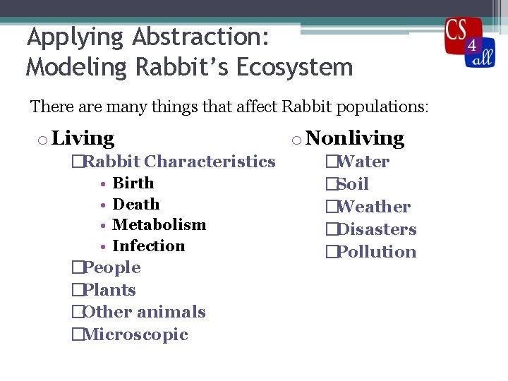 Applying Abstraction: Modeling Rabbit’s Ecosystem There are many things that affect Rabbit populations: o