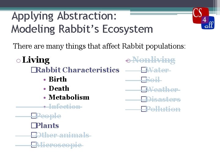 Applying Abstraction: Modeling Rabbit’s Ecosystem There are many things that affect Rabbit populations: o