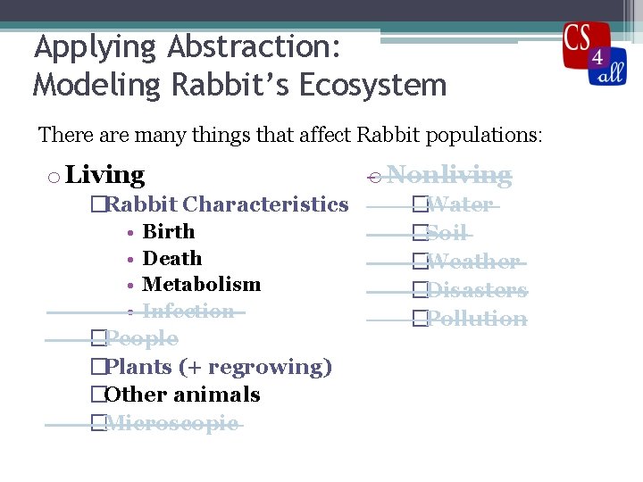 Applying Abstraction: Modeling Rabbit’s Ecosystem There are many things that affect Rabbit populations: o