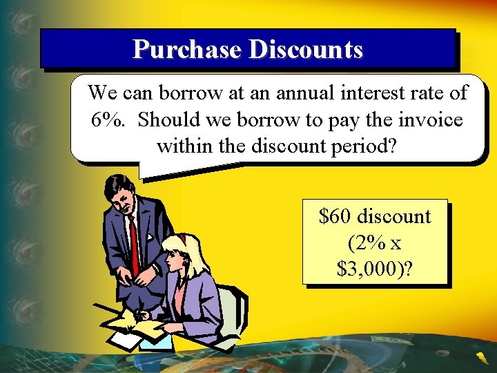 Purchase Discounts We can borrow at an annual interest rate of 6%. Should we