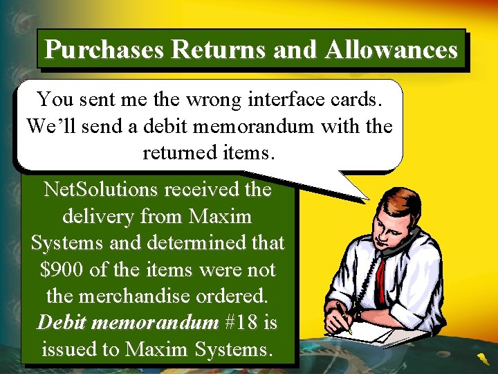 Purchases Returns and Allowances You sent me the wrong interface cards. We’ll send a