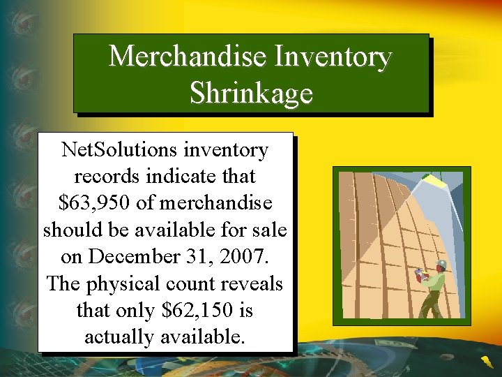 Merchandise Inventory Shrinkage Net. Solutions inventory records indicate that $63, 950 of merchandise should