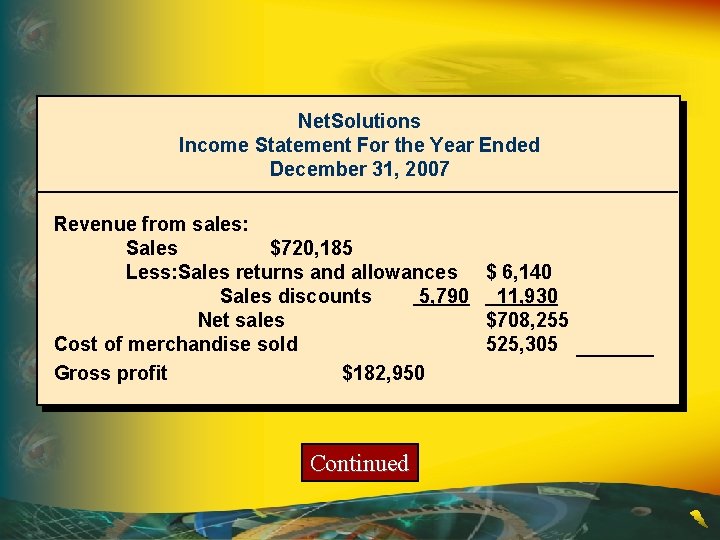 Net. Solutions Income Statement For the Year Ended December 31, 2007 Revenue from sales: