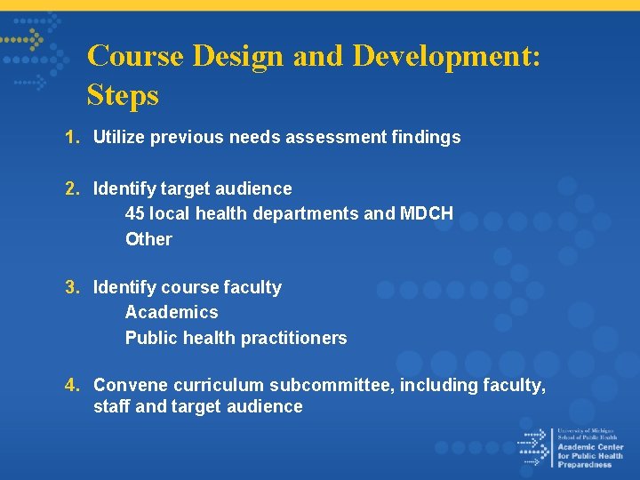 Course Design and Development: Steps 1. Utilize previous needs assessment findings 2. Identify target