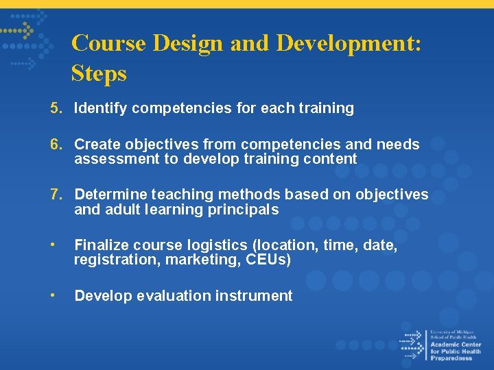 Course Design and Development: Steps 5. Identify competencies for each training 6. Create objectives
