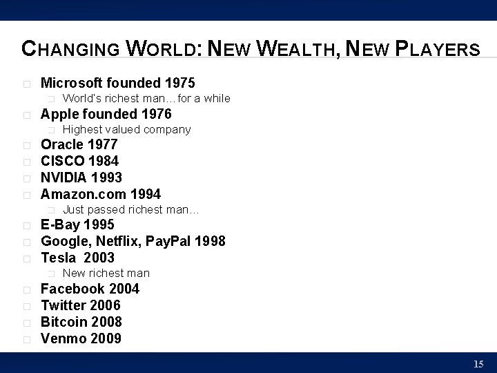 CHANGING WORLD: NEW WEALTH, NEW PLAYERS � Microsoft founded 1975 � � Apple founded