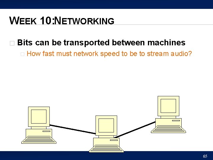 WEEK 10: NETWORKING � Bits can be transported between machines � How fast must