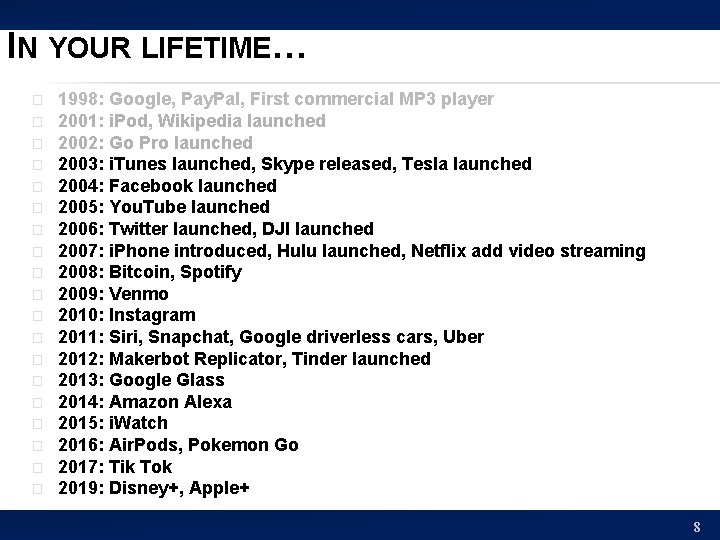 IN YOUR LIFETIME… � � � � � 1998: Google, Pay. Pal, First commercial