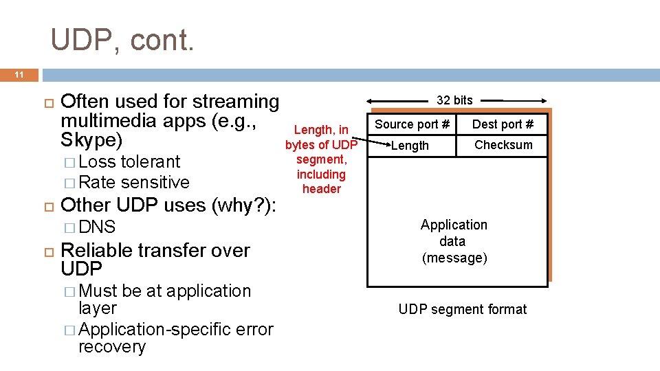 UDP, cont. 11 Often used for streaming multimedia apps (e. g. , Length, in UDP, cont. 11 Often used for streaming multimedia apps (e. g. , Length, in