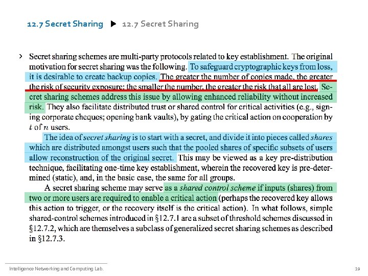 12. 7 Secret Sharing ㄴㄷㅊ Intelligence Networking and Computing Lab. 19 