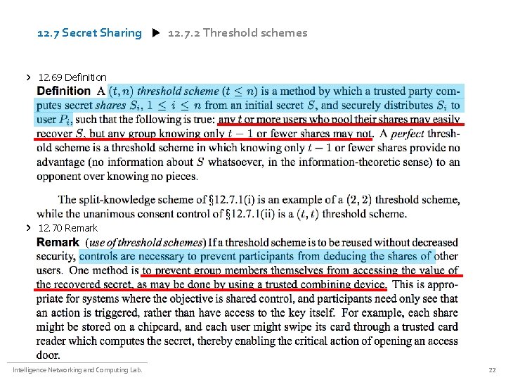 12. 7 Secret Sharing 12. 7. 2 Threshold schemes 12. 69 Definition 12. 70