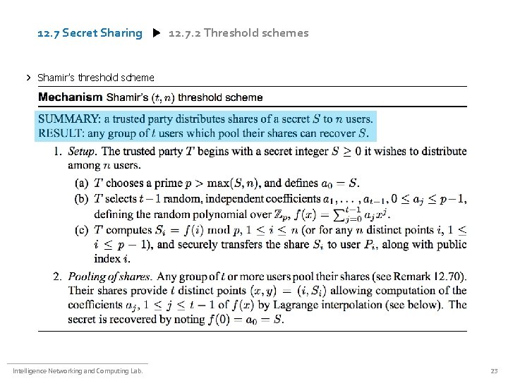 12. 7 Secret Sharing 12. 7. 2 Threshold schemes Shamir’s threshold scheme Intelligence Networking