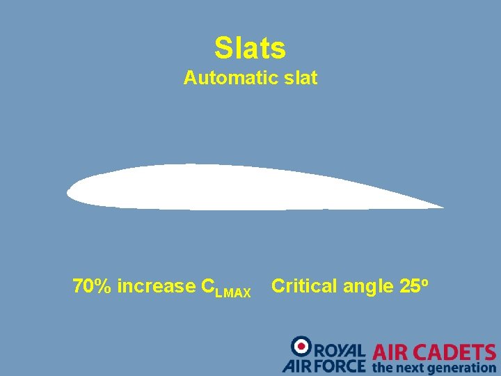 Slats Automatic slat 70% increase CLMAX Critical angle 25 o 