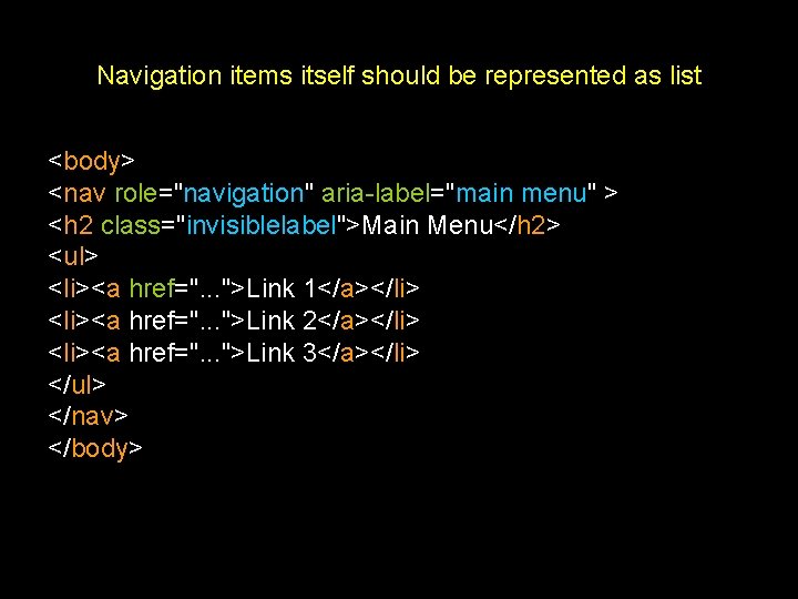 Navigation items itself should be represented as list <body> <nav role="navigation" aria-label="main menu" >