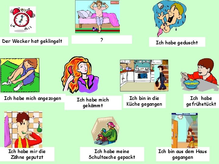 Der Wecker hat geklingelt Ich habe mich angezogen Ich habe mir die Zähne geputzt
