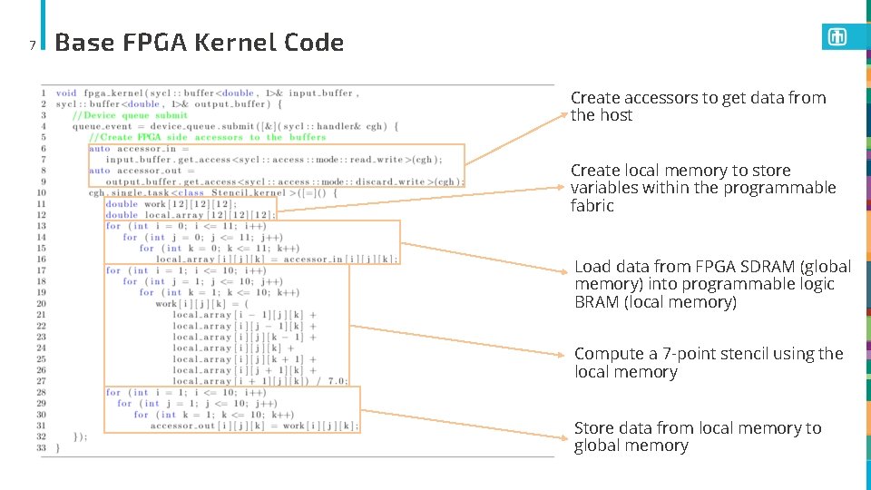 7 Base FPGA Kernel Code Create accessors to get data from the host Create