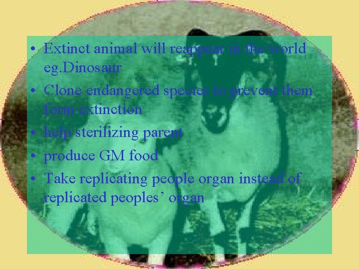  • Extinct animal will reappear in the world eg. Dinosaur • Clone endangered