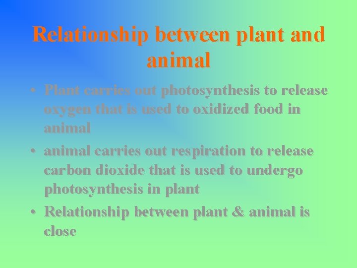 Relationship between plant and animal • Plant carries out photosynthesis to release oxygen that