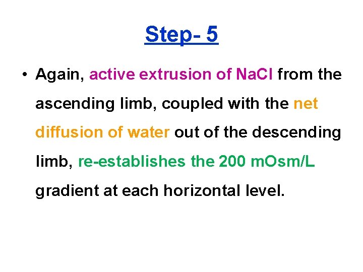 Step- 5 • Again, active extrusion of Na. Cl from the ascending limb, coupled