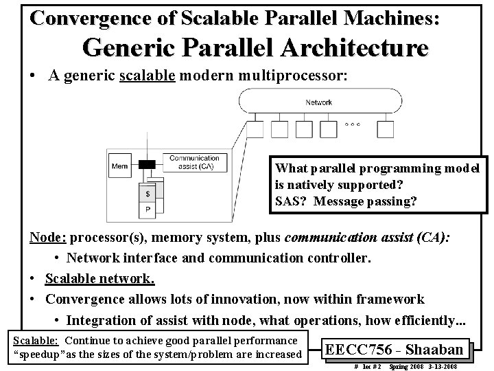Convergence of Scalable Parallel Machines: Generic Parallel Architecture • A generic scalable modern multiprocessor: