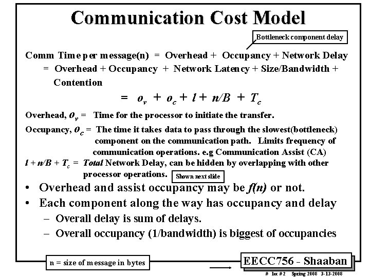 Communication Cost Model Bottleneck component delay Comm Time per message(n) = Overhead + Occupancy