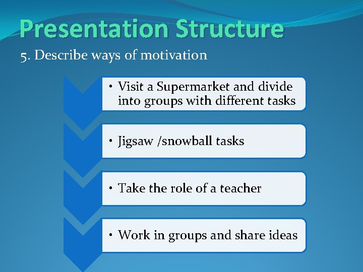 Presentation Structure 5. Describe ways of motivation • Visit a Supermarket and divide into