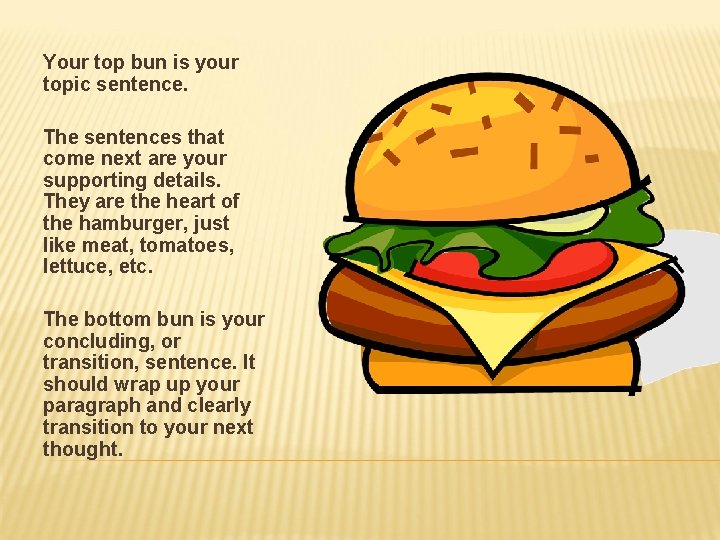 Your top bun is your topic sentence. The sentences that come next are your
