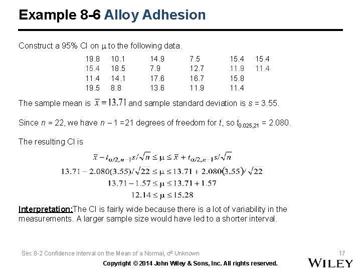 Example 8 -6 Alloy Adhesion Construct a 95% CI on to the following data.