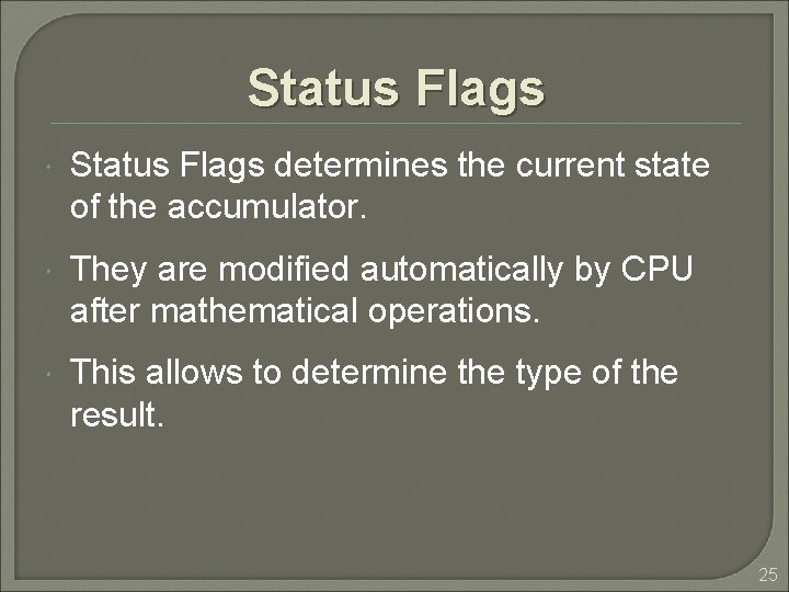 Status Flags determines the current state of the accumulator. They are modified automatically by Status Flags determines the current state of the accumulator. They are modified automatically by