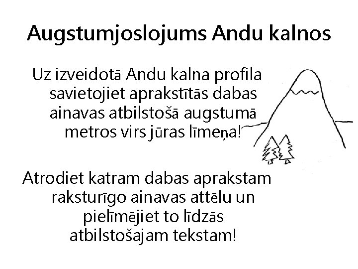 Augstumjoslojums Andu kalnos Uz izveidotā Andu kalna profila savietojiet aprakstītās dabas ainavas atbilstošā augstumā