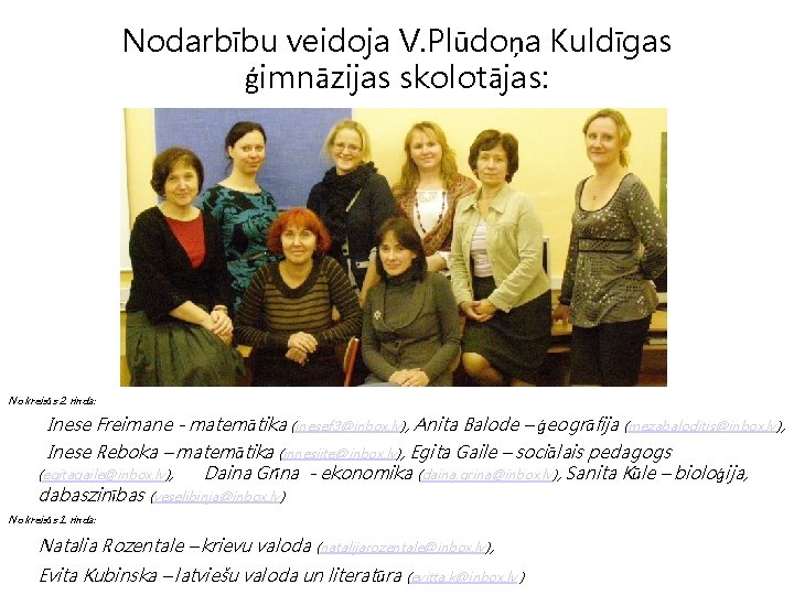 Nodarbību veidoja V. Plūdoņa Kuldīgas ģimnāzijas skolotājas: No kreisās 2. rinda: Inese Freimane -