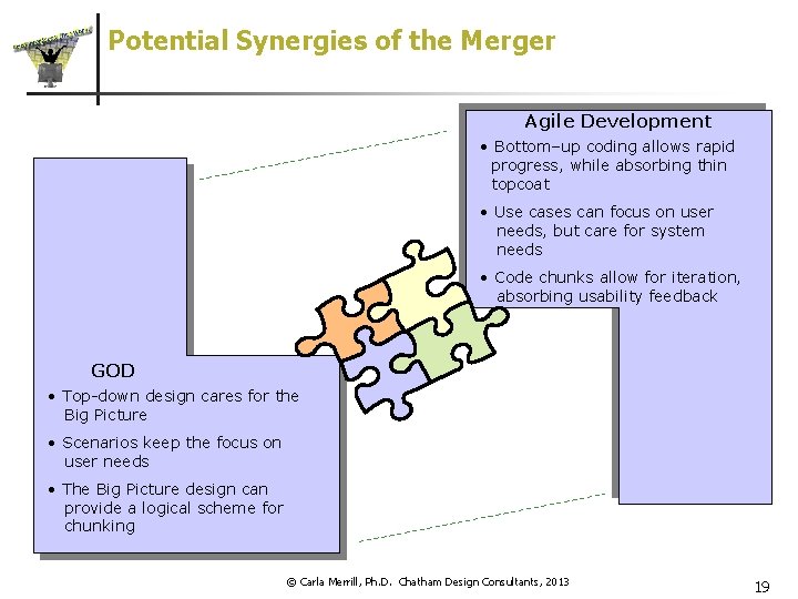 Potential Synergies of the Merger Agile Development • Bottom–up coding allows rapid progress, while