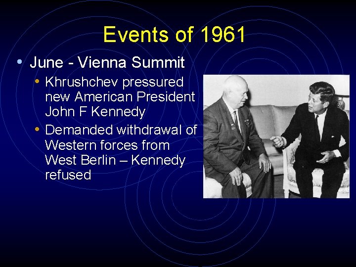 Events of 1961 • June - Vienna Summit • Khrushchev pressured new American President