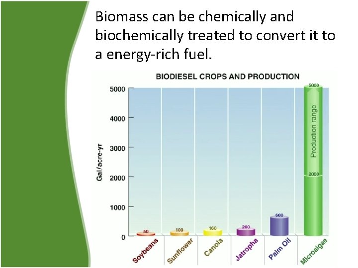 Biomass can be chemically and biochemically treated to convert it to a energy-rich fuel.