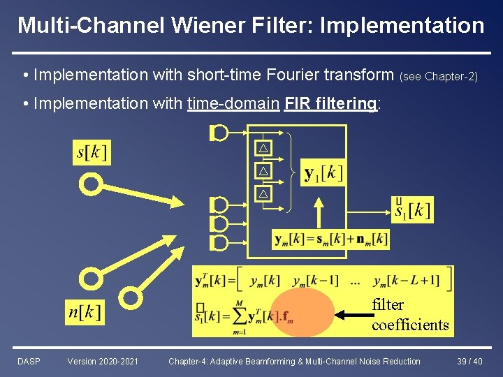 Multi-Channel Wiener Filter: Implementation • Implementation with short-time Fourier transform (see Chapter-2) • Implementation